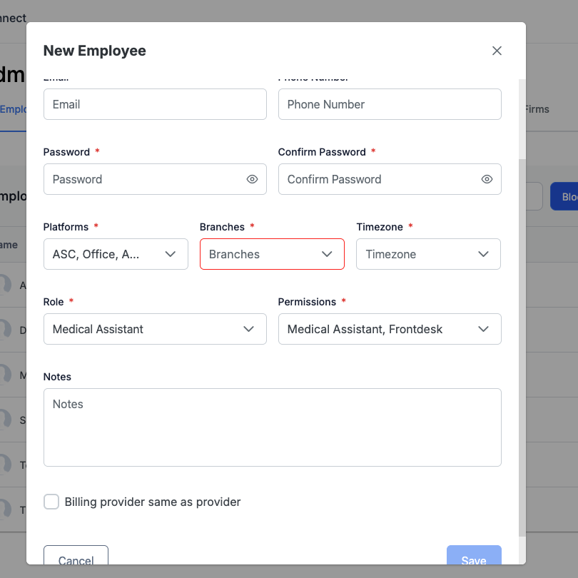 Ambula New Employee dialog showing the Platforms, Branches, Timezone, Role, and Permissions fields required for the Reflekt Medical integration
